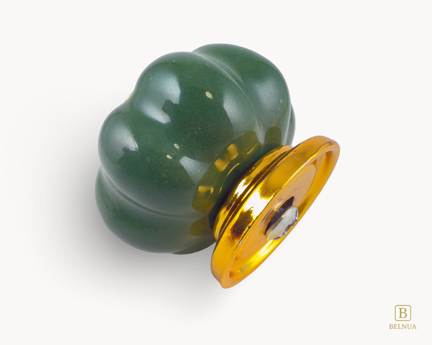 Belnua - Right back view of Tavira gold base knob with dark green porcelain insert  with pumpkin design