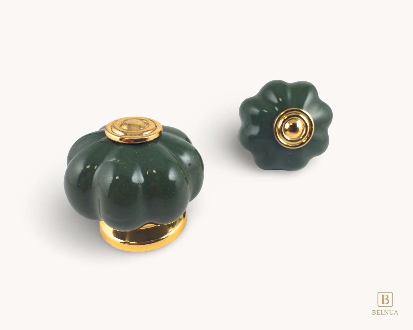 Belnua - Front and top view of Tavira gold base knob with dark green porcelain insert  for hallway cabinets