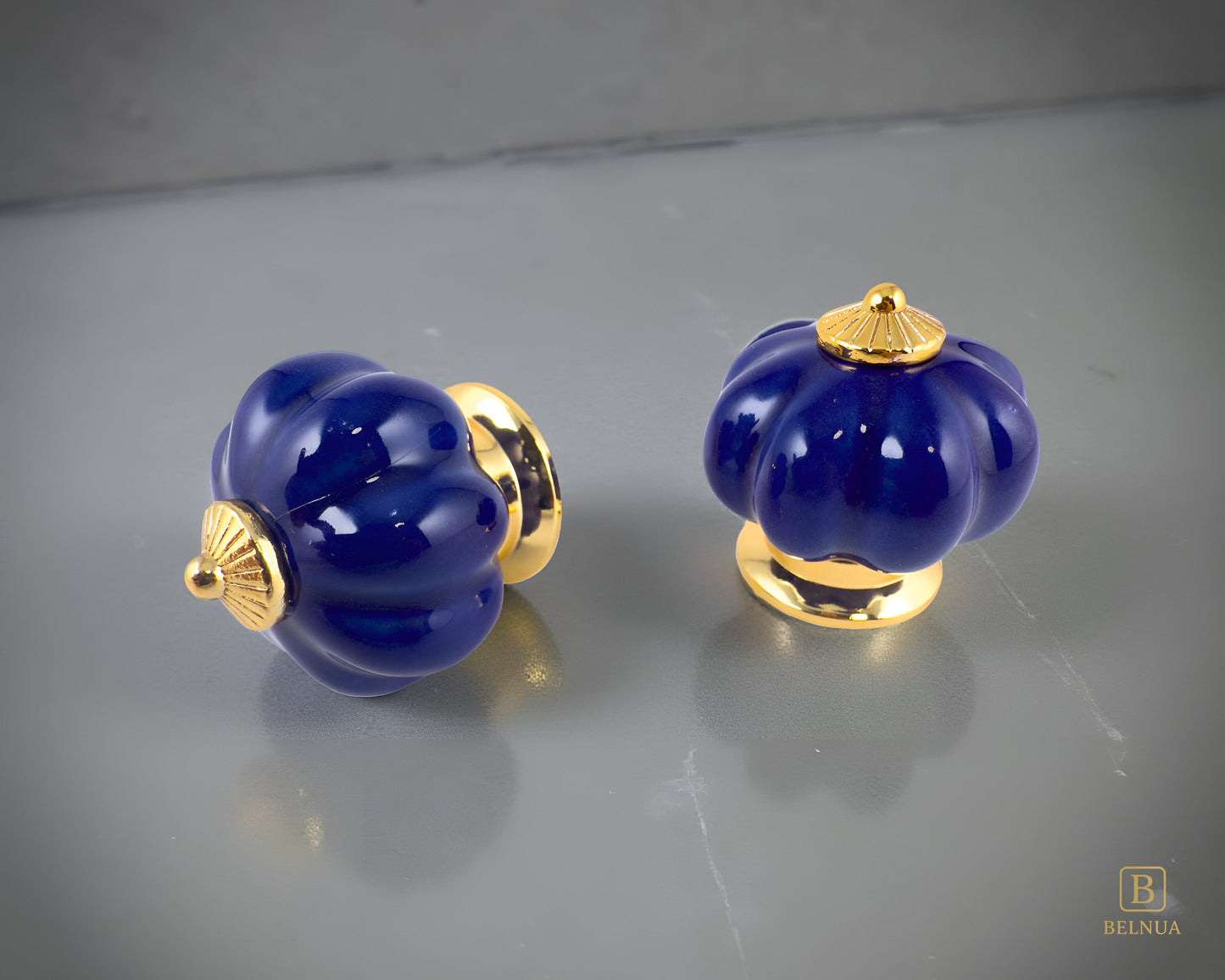 Belnua - Pair of Tavira gold base cobalt porcelain knob with beige backround