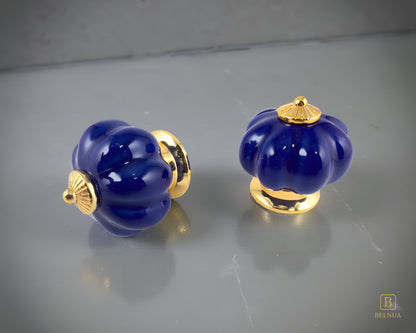 Belnua - Pair of Tavira gold base cobalt porcelain knob with beige backround