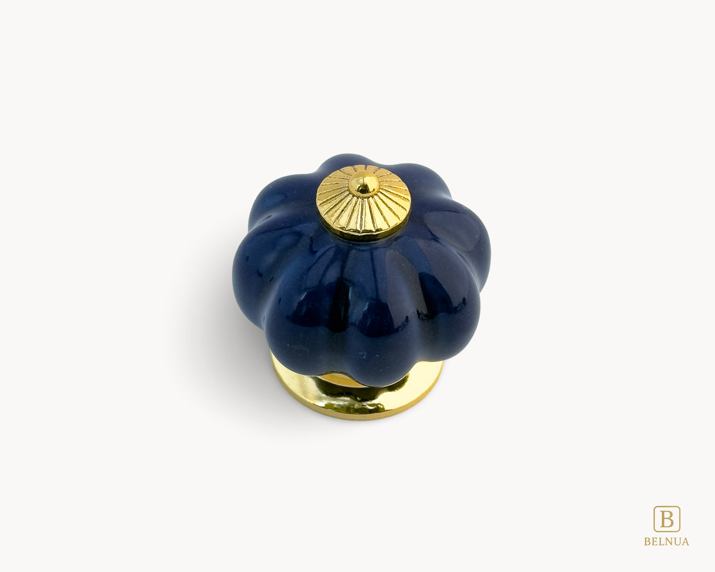 Belnua - Top view of Tavira porcelain cabinet knob with cobalt colour in pumpkin design 