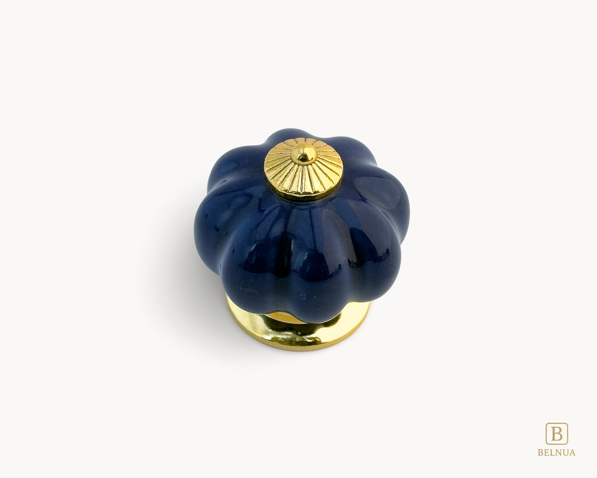 Belnua - Top view of Tavira porcelain cabinet knob with cobalt colour in pumpkin design 