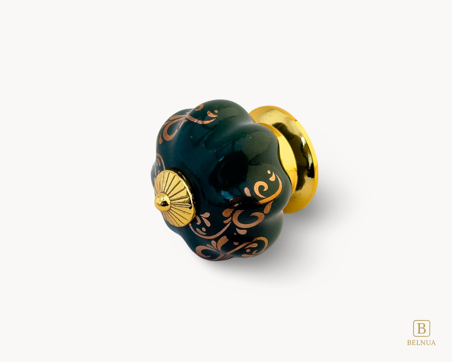 Belnua - Delicate Tavira green porcelain cabinet knob with gold base left side view