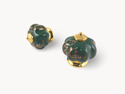 Belnua - Pair of Tavira green porcelain cabinet knob with vine cascade motif inserted gold metal base
