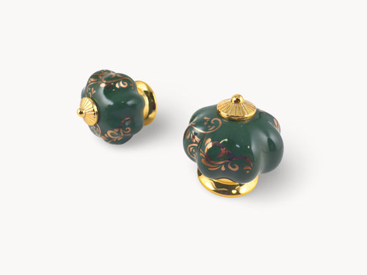 Belnua - Pair of Tavira green porcelain cabinet knob with vine cascade motif inserted gold metal base