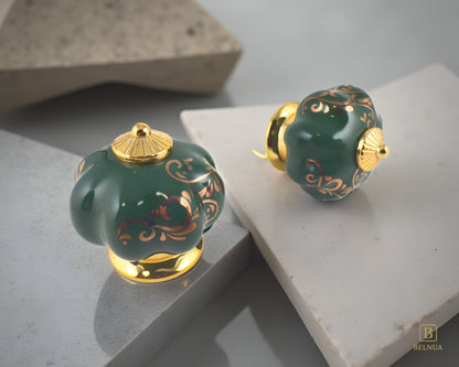 Belnua - Pair of luxury Tavira green porcelain cabinet knobs with delicate golden vine cascade motif inserted gold metal base featuring on two pieces quartz stone