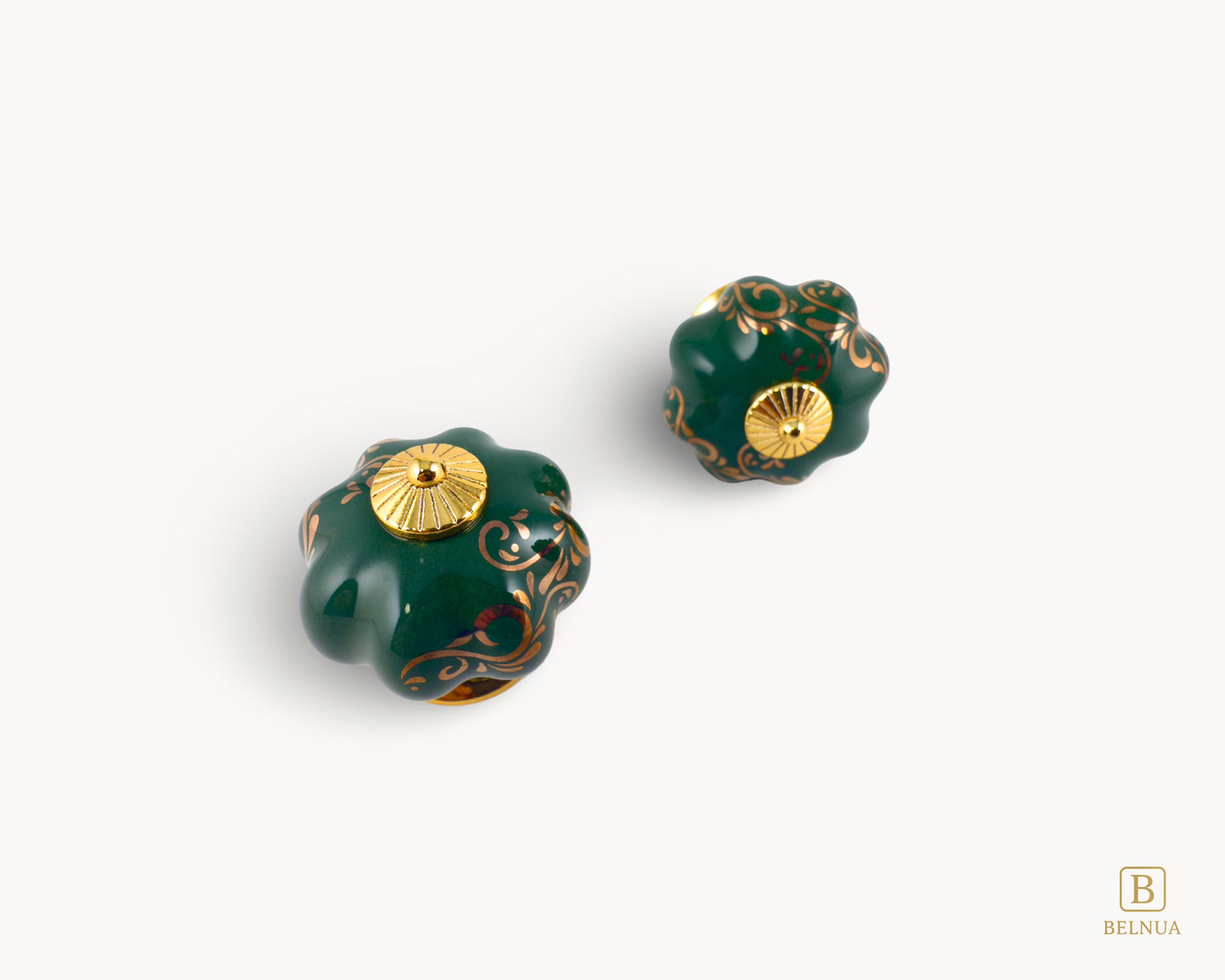 Belnua - Top and front view of delicate Tavira green porcelain/ceramic cabinet knob pair with golden vine cascade motif inserted gold metal base