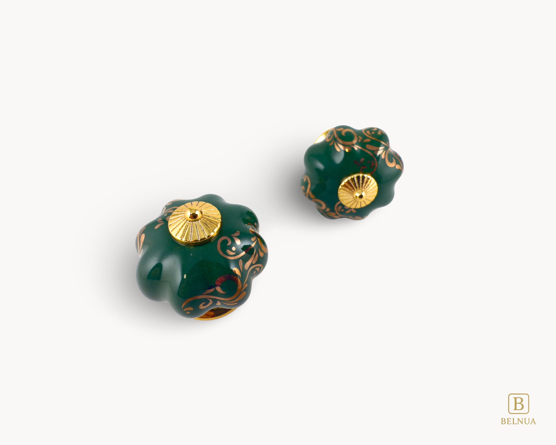 Belnua - Top and front view of delicate Tavira green porcelain/ceramic cabinet knob pair with golden vine cascade motif inserted gold metal base