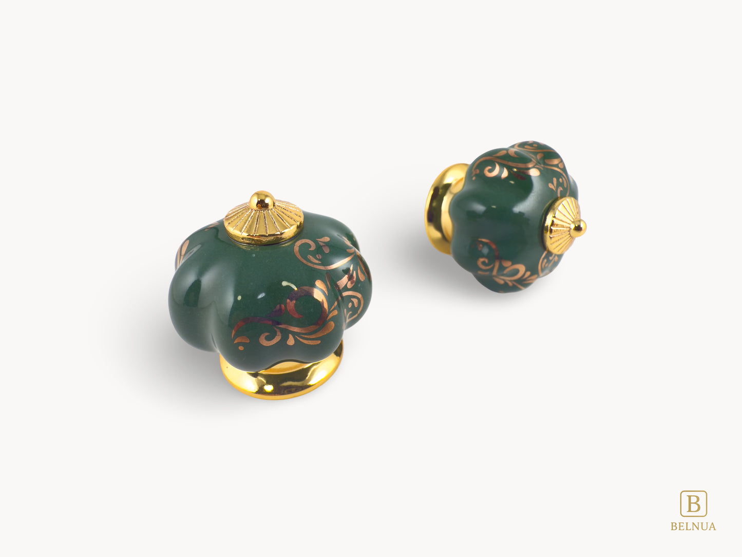 Belnua - Top and right view of luxury Tavira green porcelain cabinet knob with delicate golden vine cascade motif inserted gold metal base