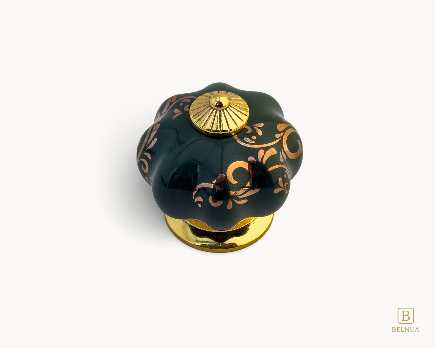 Belnua - Delicate Tavira green porcelain cabinet knob with gold base top view