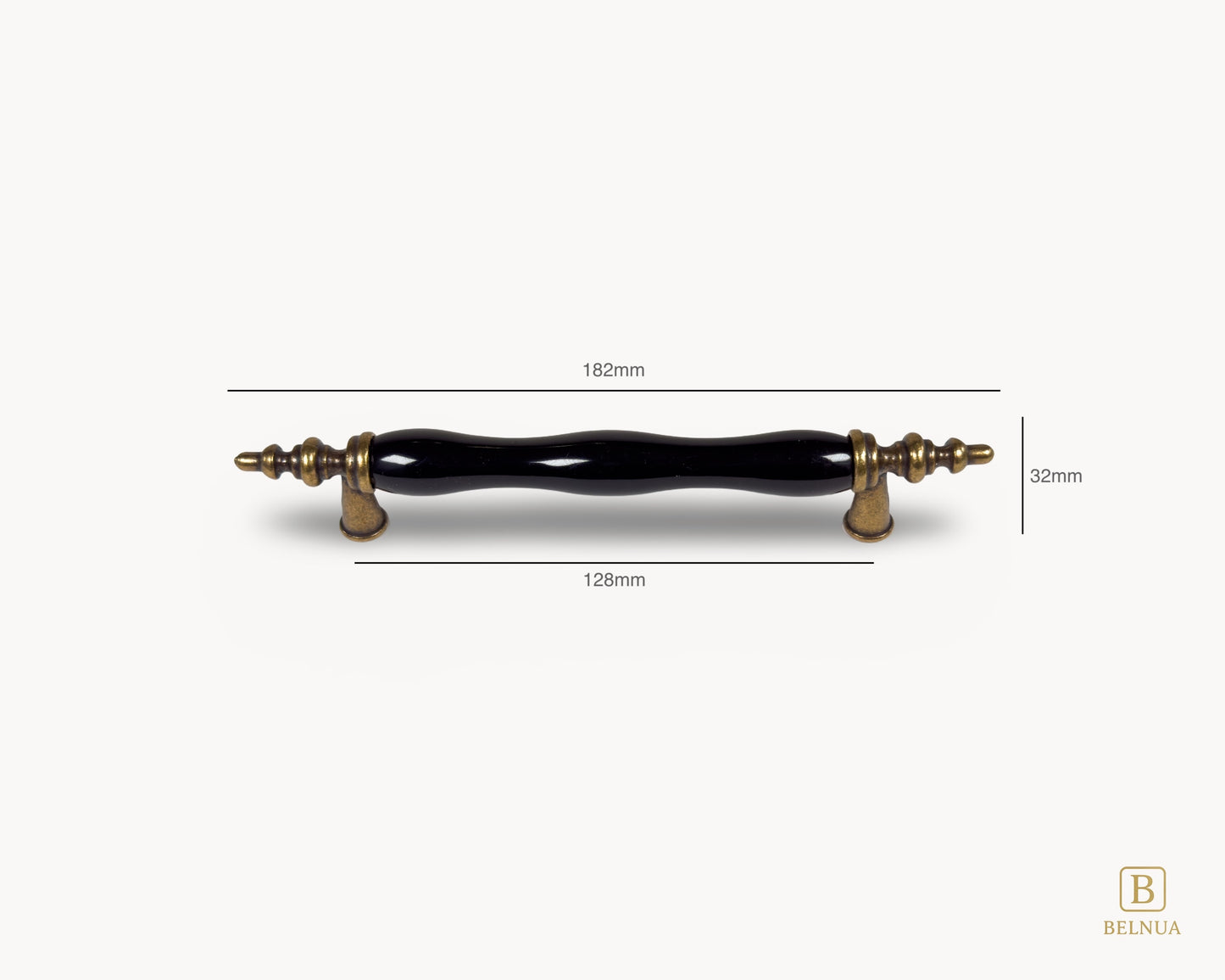 Belnua - Measurements and front view of Velnoa antique brass cabinet handle pair with black porcelain/ceramic insert for 128mm handle
