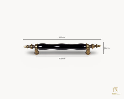 Belnua - Measurements and front view of Velnoa antique brass cabinet handle pair with black porcelain/ceramic insert for 128mm handle