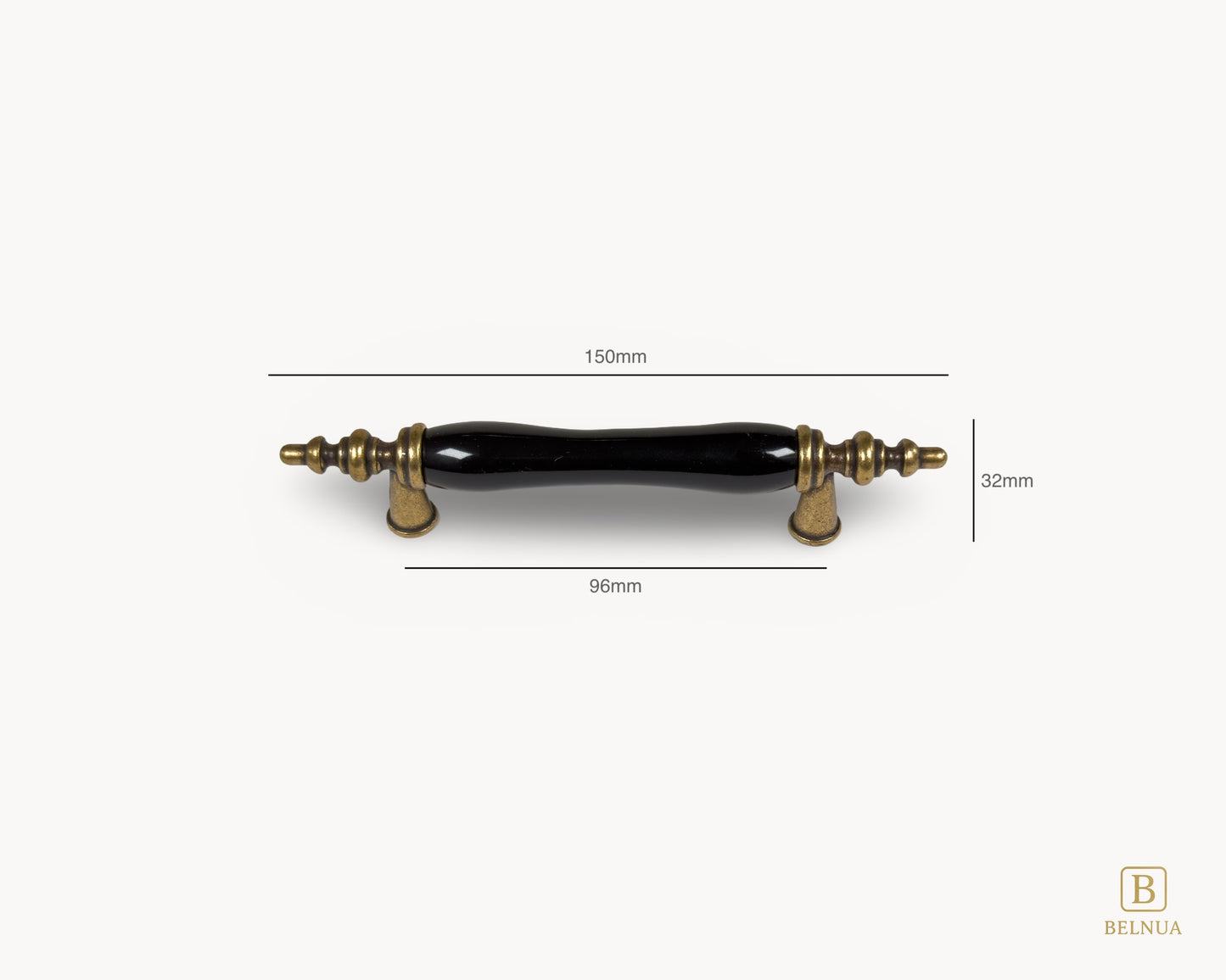 Belnua - Measurements and front view of Velnoa antique brass cabinet handle pair with black porcelain/ceramic insert for 96mm handle
