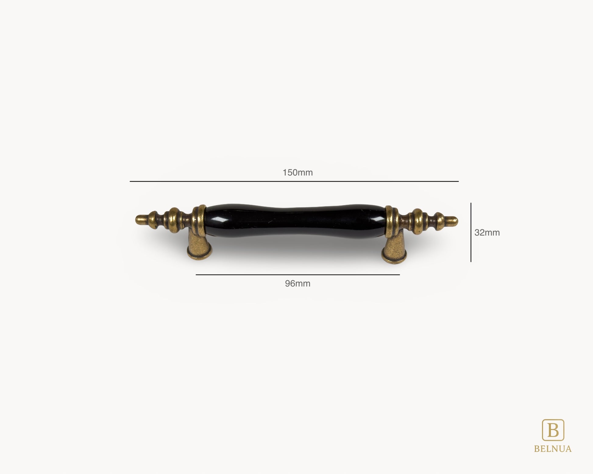 Belnua - Measurements and front view of Velnoa antique brass cabinet handle pair with black porcelain/ceramic insert for 96mm handle