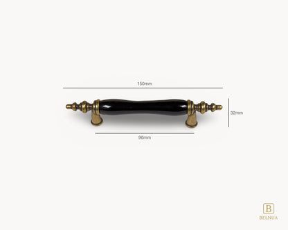 Belnua - Measurements and front view of Velnoa antique brass cabinet handle pair with black porcelain/ceramic insert for 96mm handle