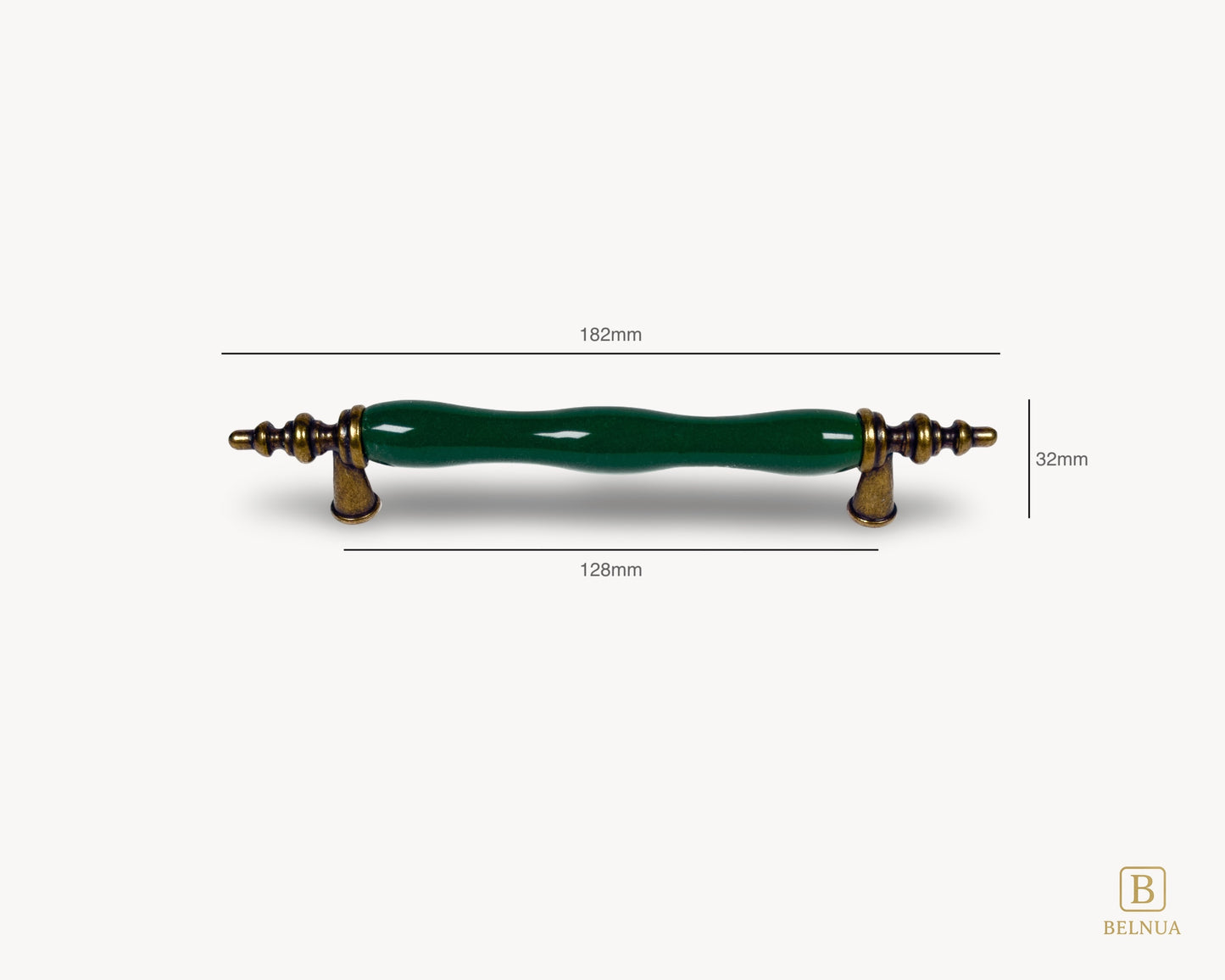 Belnua - Measurements of VELNOA pull handle with dark green porcelain and antique brass base in 128mm