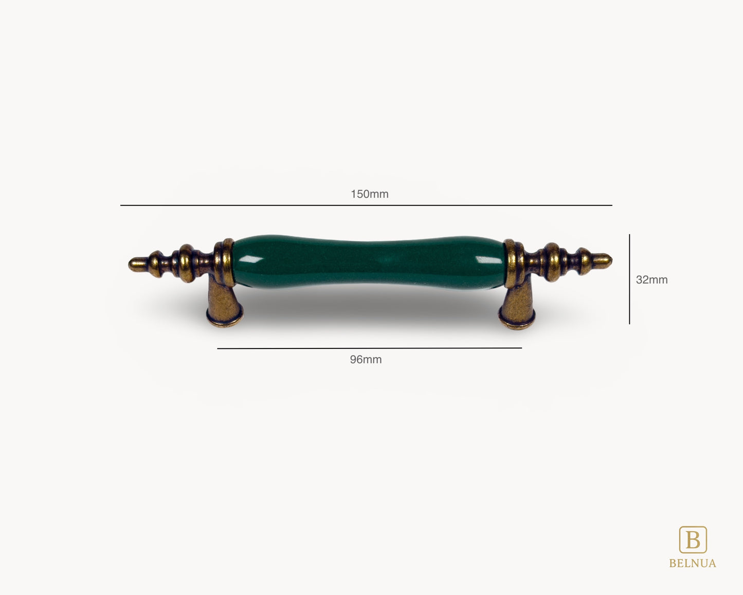 Belnua - Measurements of VELNOA knob with dark green porcelain and antique base in 96mm