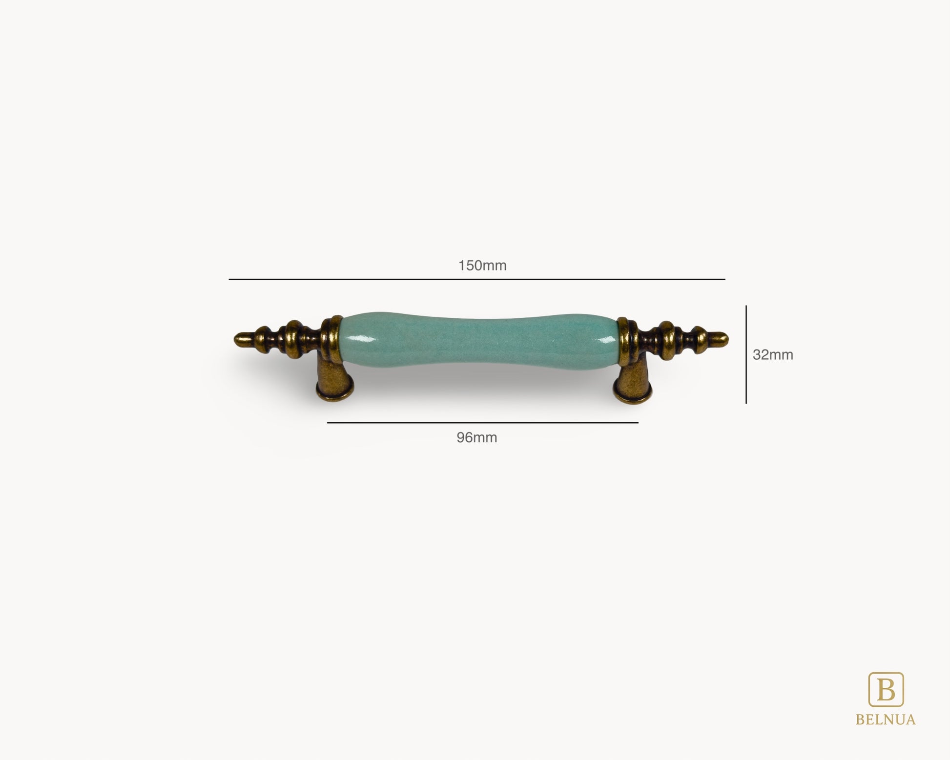 Belnua - Measurement of VELNOA cabinet handle in antique brass finish with turquoise porcelain insert for 96mm handle