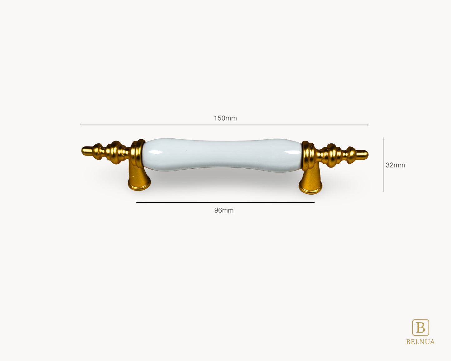 Belnua - Front view and measurements of Velnoa matte gold cabinet handle of 96mm with plain white porcelain/ceramic insert