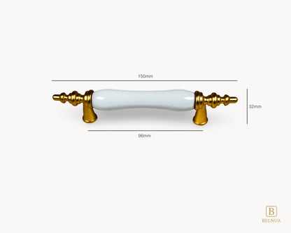 Belnua - Front view and measurements of Velnoa matte gold cabinet handle of 96mm with plain white porcelain/ceramic insert