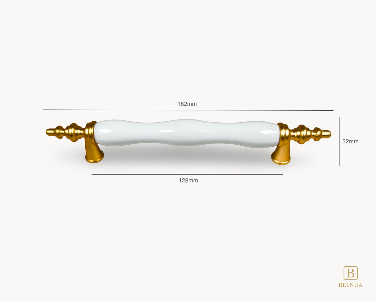 Belnua - Front view and measurements of Velnoa matte gold cabinet handle of 128mm with plain white porcelain/ceramic insert
