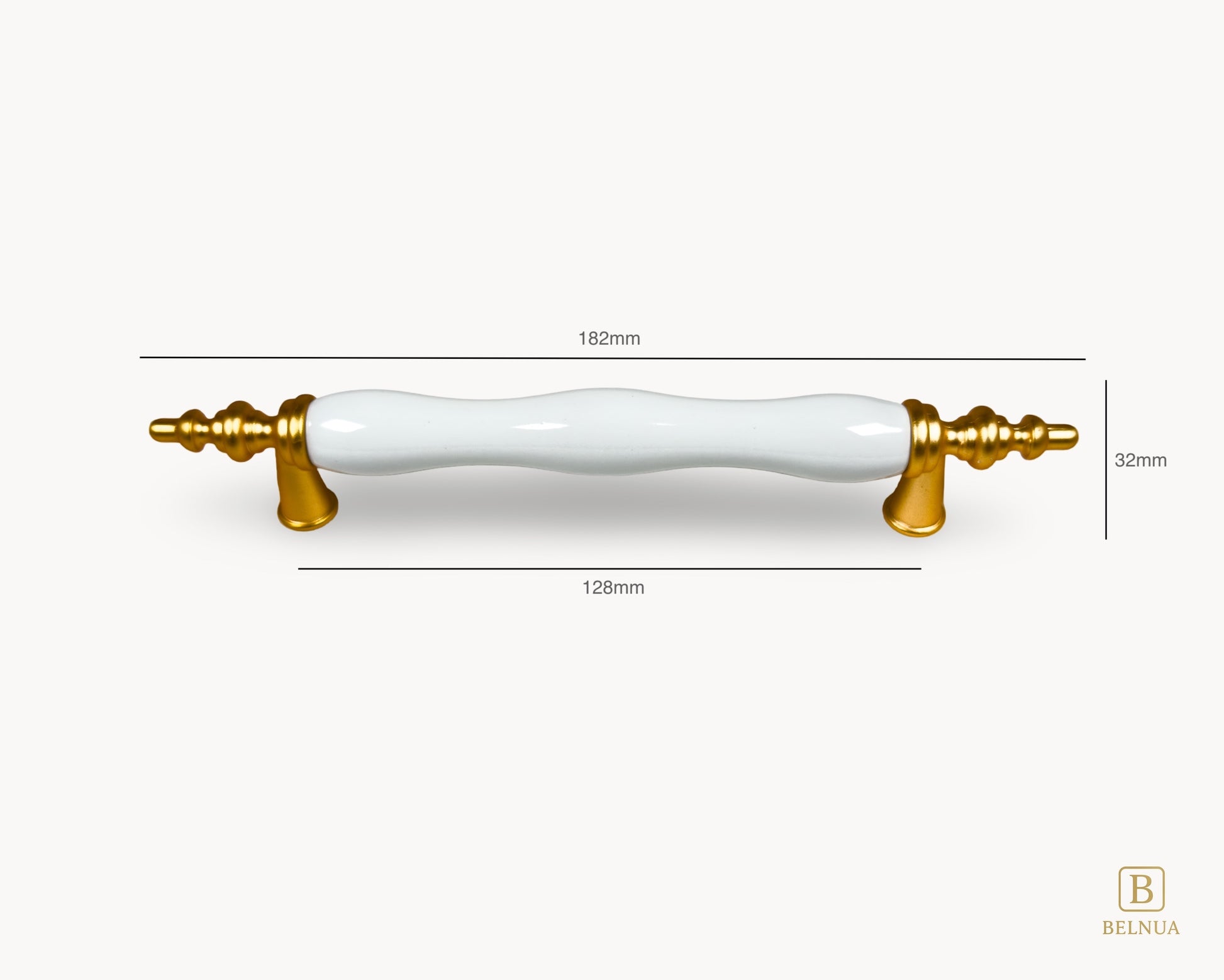 Belnua - Front view and measurements of Velnoa matte gold cabinet handle of 128mm with plain white porcelain/ceramic insert