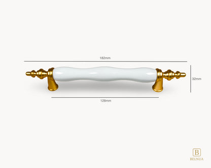 Belnua - Front view and measurements of Velnoa matte gold cabinet handle of 128mm with plain white porcelain/ceramic insert