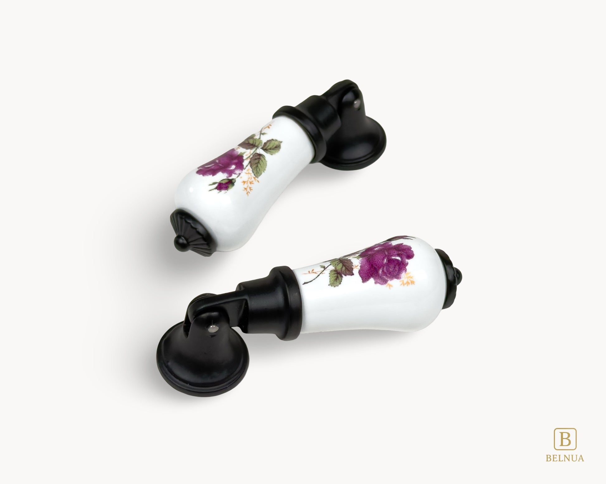Close-up detail of Verossa porcelain handle showing purple rose floral design on white ceramic