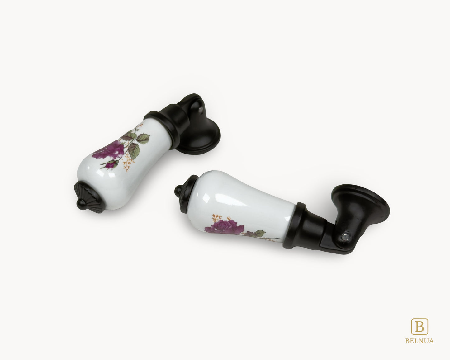 Diagonal view of Verossa porcelain handle showing floral rose artwork and black mounting base