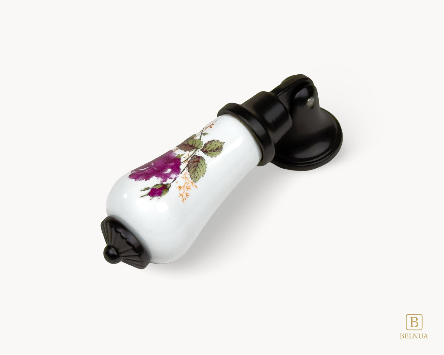 Angled view of Verossa porcelain handle featuring purple floral rose design and matte black base