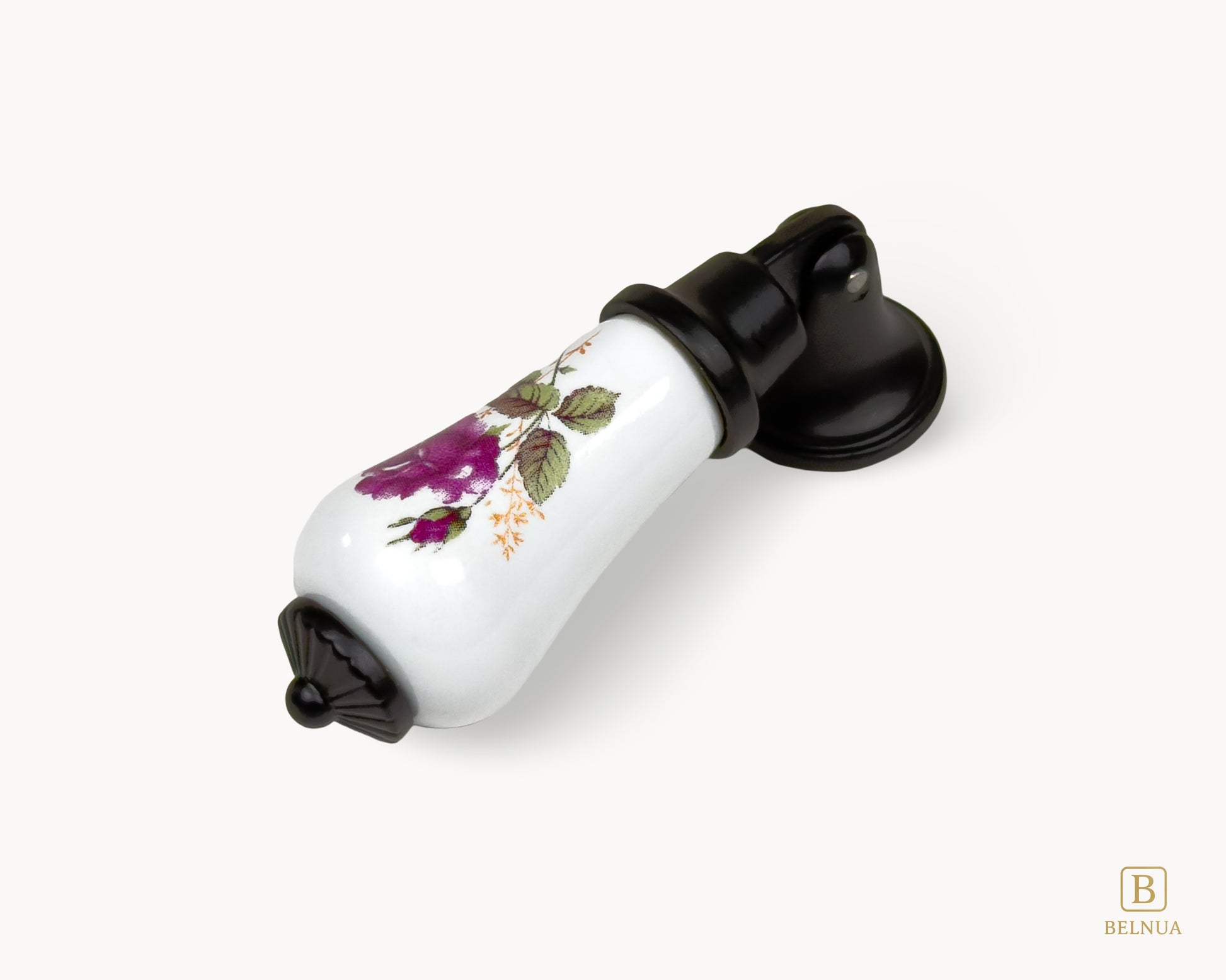 Angled view of Verossa porcelain handle featuring purple floral rose design and matte black base