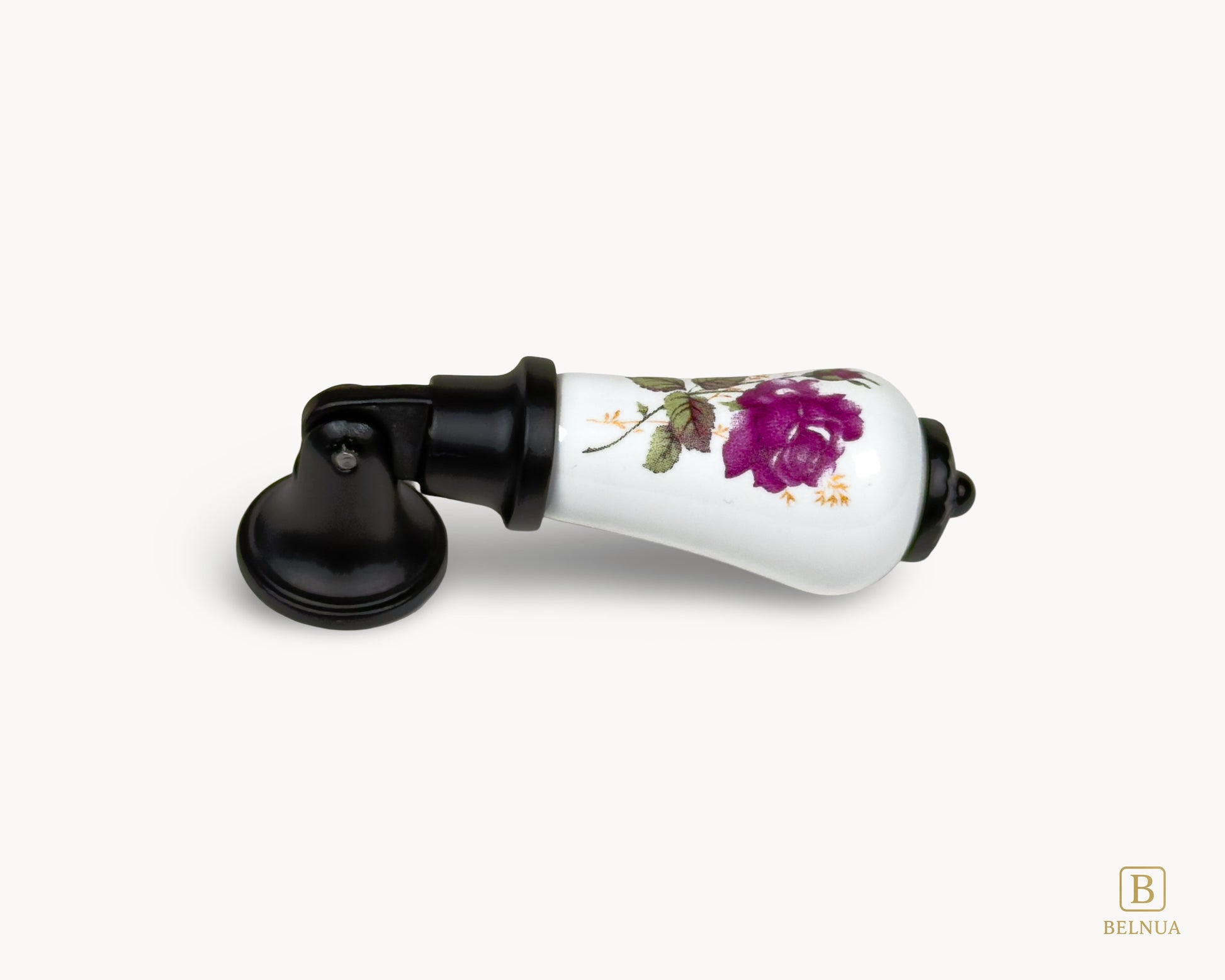 Verossa porcelain cabinet handle with black base and purple rose floral pattern shown from side angle