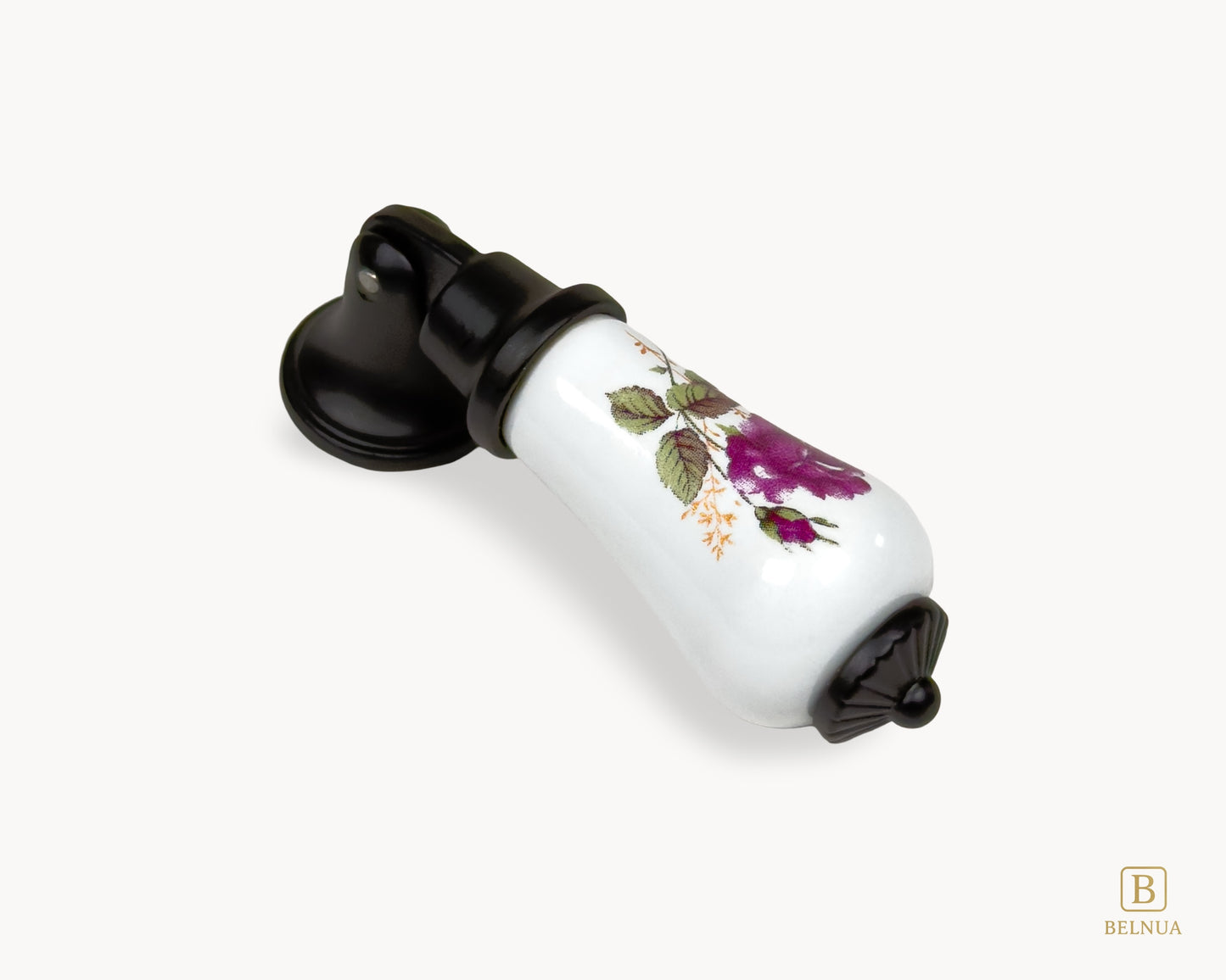 Top angle view of Verossa porcelain handle highlighting rose floral pattern and curved ceramic shape