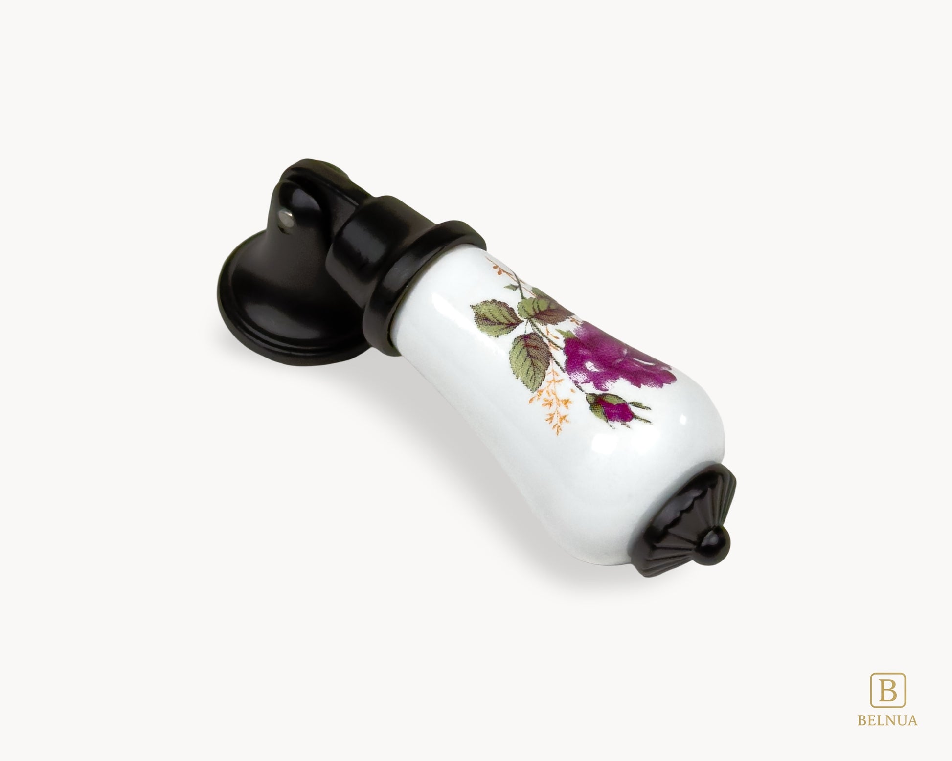 Top angle view of Verossa porcelain handle highlighting rose floral pattern and curved ceramic shape