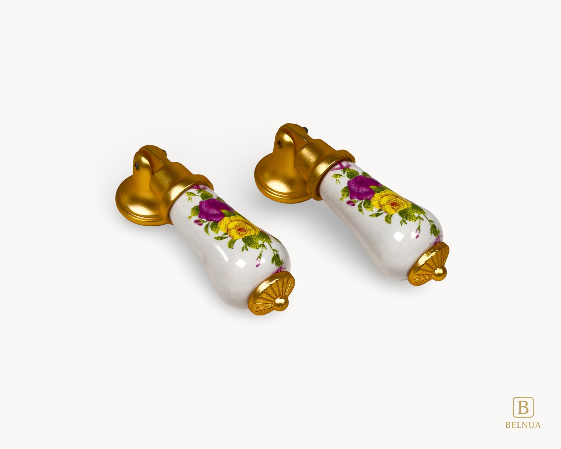 Angled view of Verossa floral porcelain handle with gold base showing curved profile and detailing.