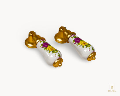 Angled view of Verossa floral porcelain handle with gold base showing curved profile and detailing.