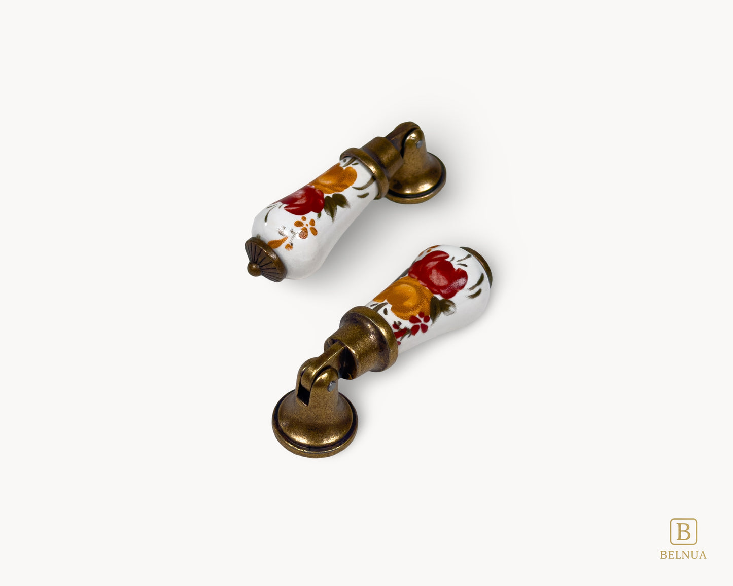 Reverse angle view of Verossa porcelain handle focusing on antique brass mounting and ceramic body