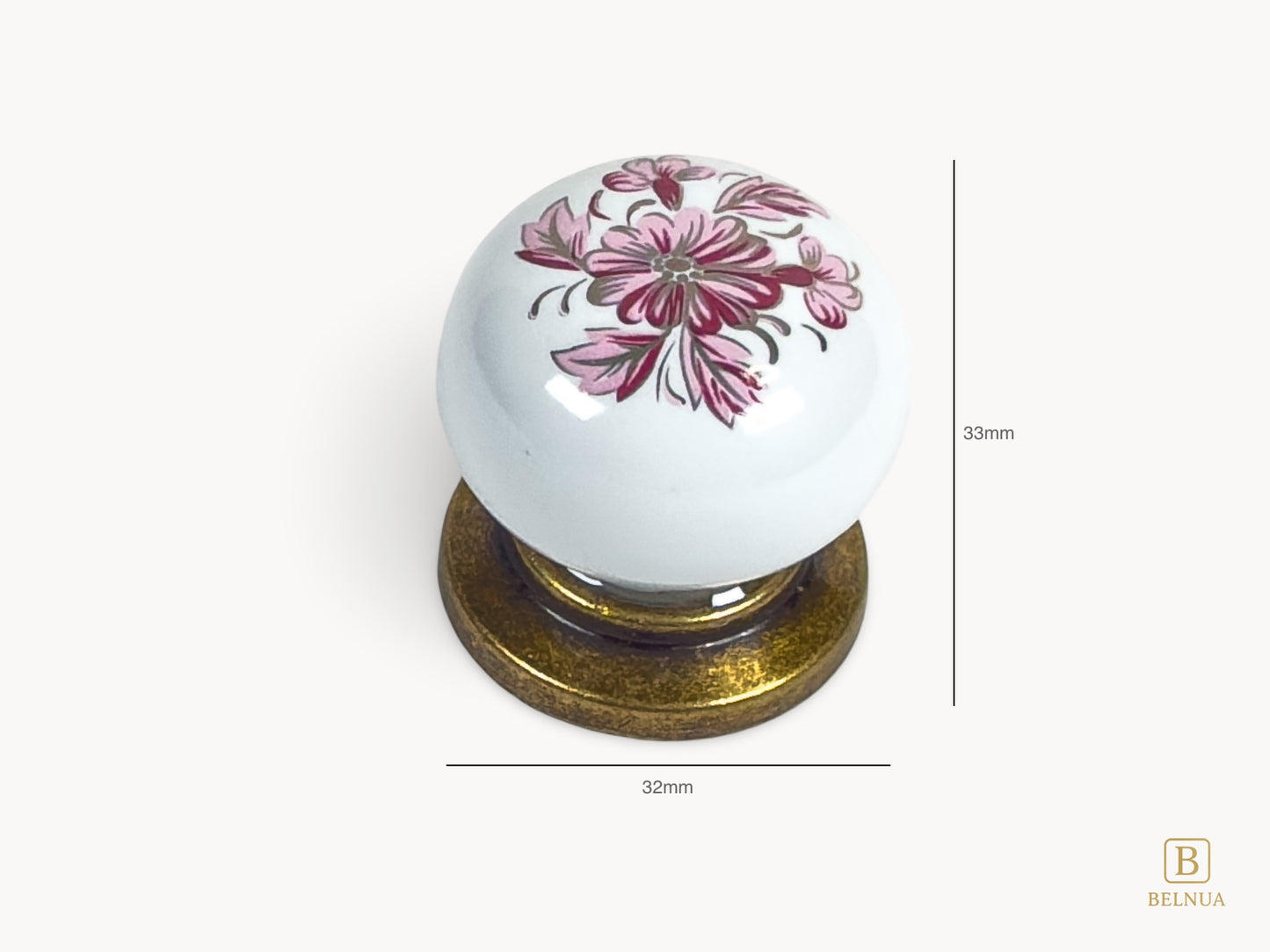 Belnua - Measurements of ZERRA cabinet knob with vintage petal motif on white porcelain and antique brass base