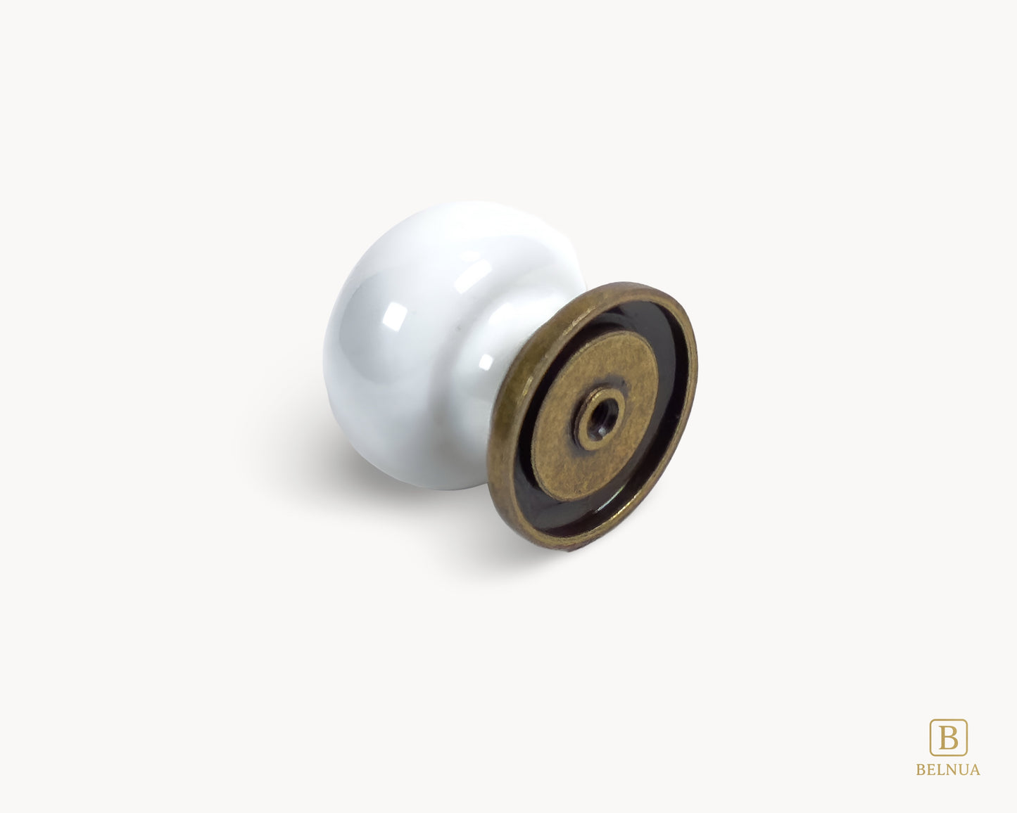 Belnua - Back flat lay view ZERRA porcelain/ceramic white knobs showing antique brass base and wildflowers design