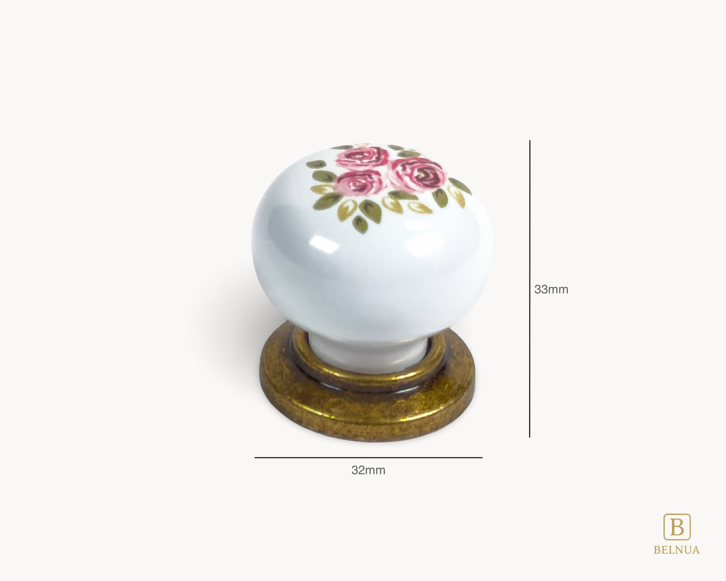Belnua - Measurements of ZERRA porcelain/ceramic white knob in antique brass finish with Wildflower Garden design