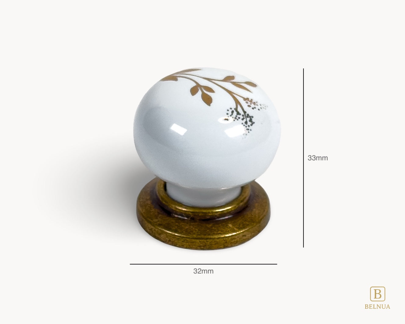 Zerra decorative ceramic/porcelain knob with brass base and earth brown floral design measurement | Belnua