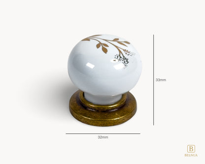 Zerra decorative ceramic/porcelain knob with brass base and earth brown floral design measurement | Belnua