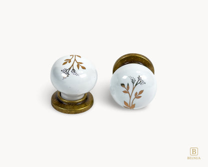 Top and front view of Zerra porcelain/ceramic cabinet white knobs with Earth Brown Floral Motif | Belnua