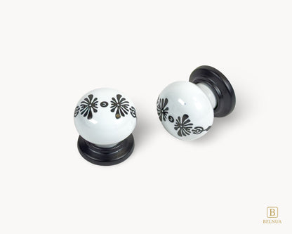 ZERRA Knob – Matte Black with White Porcelain Insert (Midnight Blossom Motif)
