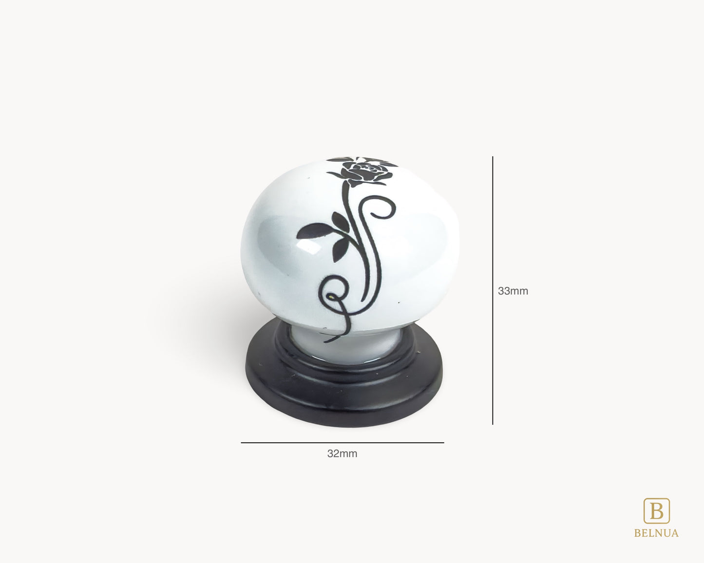 Belnua - Measurements of ZERRA white ceramic/porcelain knob showing floral design with matte black base
