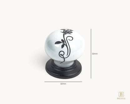 Belnua - Measurements of ZERRA white ceramic/porcelain knob showing floral design with matte black base