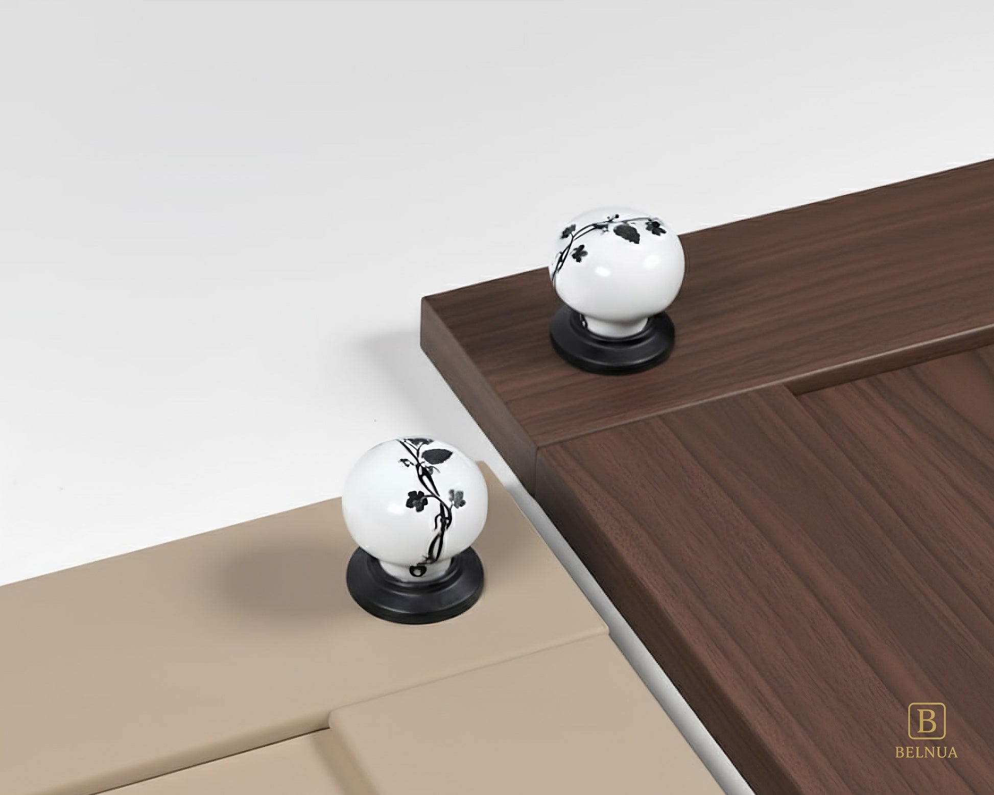 Belnua - Styled cashmere and walnut cabinet door featuring ZERRA black leaf porcelain knob