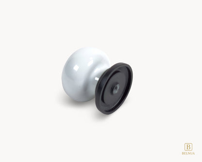 Belnua - Back view of delicate ZERRA floral ink pattern on white porcelain knob with matte black base