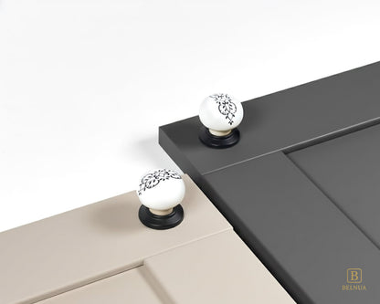 Belnua - ZERRA porcelain/ceramic white knob with ink petal motif on cream & matte charcoal cabinet door