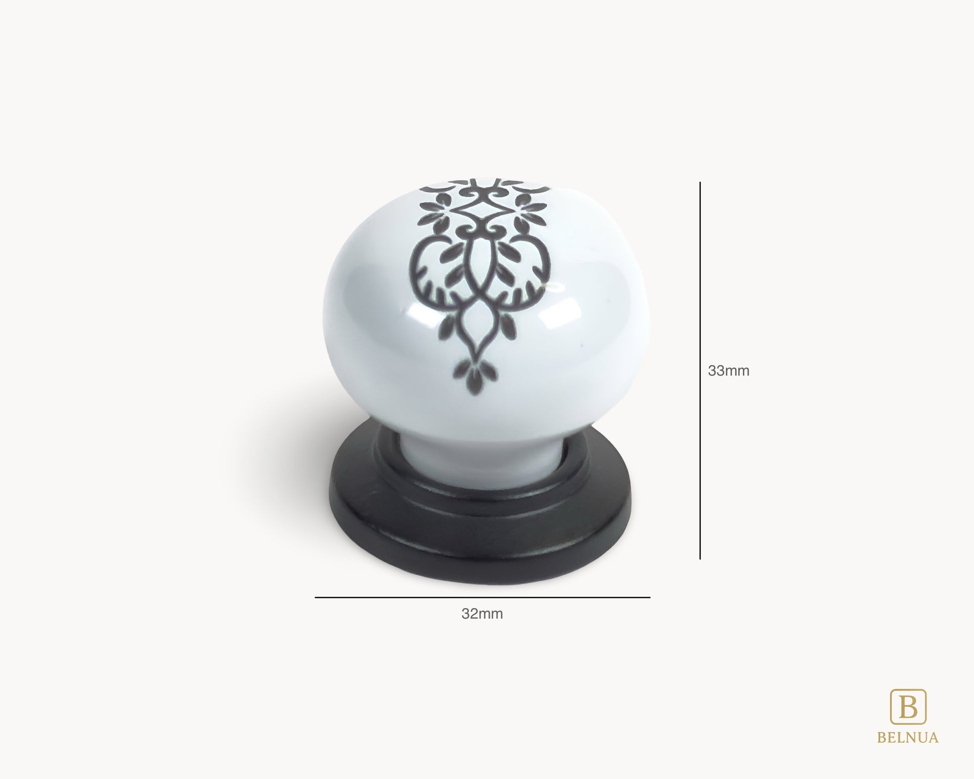 Belnua - Measurements of delicate ZERRA floral ink pattern on white porcelain knob with matte black base